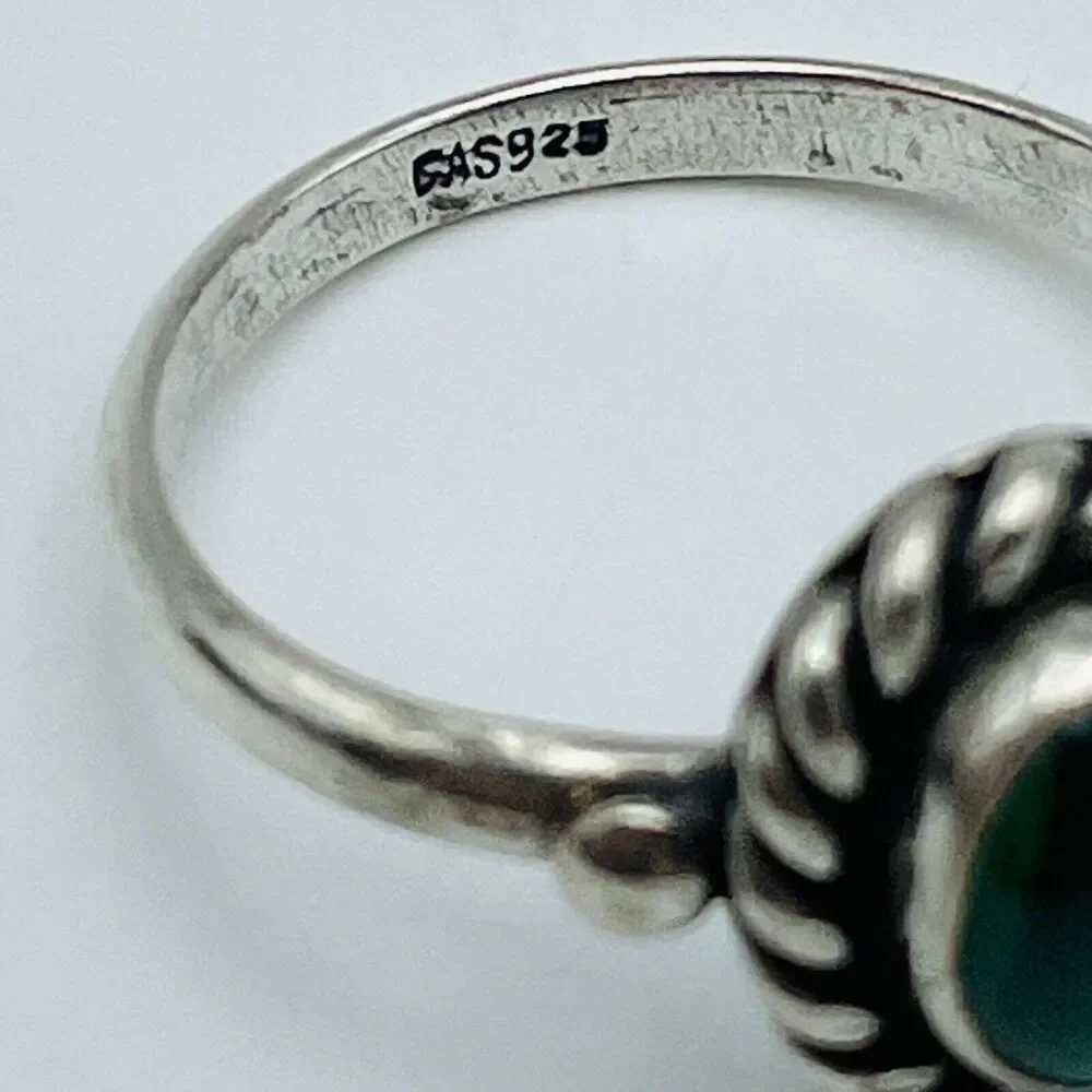 Sterling Silver Rope Bezel Ring FAS 925 US Size 6 Green Cabochon Malachite Look